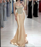 Niulatu Champagne Mermaid Formal Evening Gowns Spaghetti Straps Satin Corset Rhinestone Party Dresses Elegant Graduation Prom Dresses HZ1031