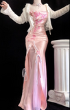 Niulatu Pink Strapless Sheath Formal Evening Dress Satin Applique Vintage Birthday Dress HZ1031
