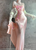 Niulatu Pink Strapless Sheath Formal Evening Dress Satin Applique Vintage Birthday Dress HZ1031