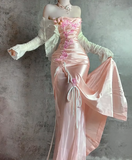 Niulatu Pink Strapless Sheath Formal Evening Dress Satin Applique Vintage Birthday Dress HZ1031