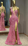 Niulatu Pink One Shoulder Mermaid Evening Gowns Beaded Slits Long Prom Dresses Elegant Formal Dresses HZ1031