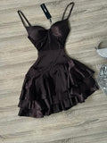 Niulatu Dark Brown Spaghetti Strap Short Party Dress Satin A-Line 16th Birthday Outfit Middle School Hoco Dresses HZ1031