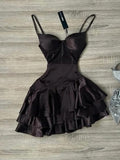 Niulatu Dark Brown Spaghetti Strap Short Party Dress Satin A-Line 16th Birthday Outfit Middle School Hoco Dresses HZ1031