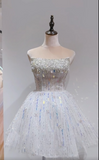 Niulatu White Strapless Short Ball Gown Tulle Sequin Homecoming Dress Sweet 16 Dress HZ1031