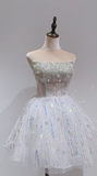 Niulatu White Strapless Short Ball Gown Tulle Sequin Homecoming Dress Sweet 16 Dress HZ1031