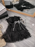 Niulatu Black Strapless A-Line Short Birthday Party Dress Layered Tulle Homecoming Dress Elegant Graduation Dress HZ1031