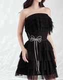 Niulatu Black Strapless A-Line Short Birthday Party Dress Layered Tulle Homecoming Dress Elegant Graduation Dress HZ1031