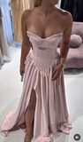 Niulatu Pink Strapless Long Ball Gown Satin Slit Formal Dress Graduation Prom Dresses Sweet 16 Dress HZ1031