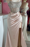 Niulatu Pink Strapless Sheath Long Slit Evening Gown Sparkly Beaded Satin Prom Dress Sweet 18th Birthday Outfit HZ1031