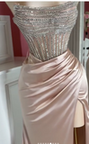 Niulatu Pink Strapless Sheath Long Slit Evening Gown Sparkly Beaded Satin Prom Dress Sweet 18th Birthday Outfit HZ1031