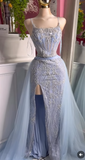 Niulatu Blue Spaghetti Straps A-Line Beading Appliques Long Prom Dress Slit Tulle Evening Gown Quincea?era Dress HZ1031