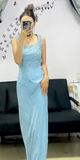 Niulatu Blue Square Sheath Satin Evening Gowns Rhinestone Guest Dress Sparkly Birthday Dress HZ1031