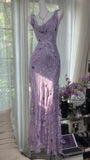 Niulatu Vintage Sheath Prom Dresses Chiffon Floral Purple Long Formal Dresses Beaded Wedding Guest Dresses HZ1031