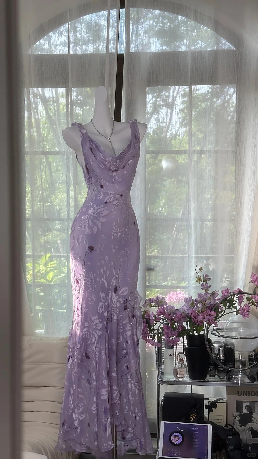 Niulatu Vintage Sheath Prom Dresses Chiffon Floral Purple Long Formal Dresses Beaded Wedding Guest Dresses HZ1031