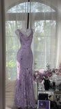 Niulatu Vintage Sheath Prom Dresses Chiffon Floral Purple Long Formal Dresses Beaded Wedding Guest Dresses HZ1031