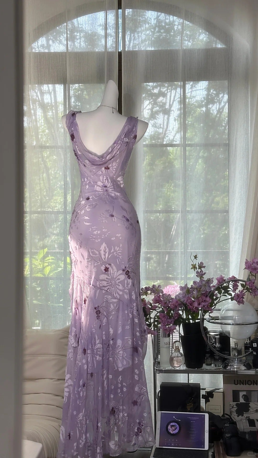 Niulatu Vintage Sheath Prom Dresses Chiffon Floral Purple Long Formal Dresses Beaded Wedding Guest Dresses HZ1031