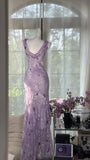 Niulatu Vintage Sheath Prom Dresses Chiffon Floral Purple Long Formal Dresses Beaded Wedding Guest Dresses HZ1031