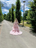 Niulatu Pink Off Shoulder Ball Gown Layered Tulle Long Quinceanera Dress Graduation Prom Dresses HZ1031