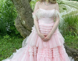 Niulatu Pink Off Shoulder Ball Gown Layered Tulle Long Quinceanera Dress Graduation Prom Dresses HZ1031