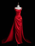 Niulatu Burgundy Sheath Long Evening Gowns Satin Square Neck Formal Dress Prom Dresses Bridesmaid Dresses HZ1031