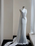 Niulatu White Halter Neck Wedding Dress Long Mermaid Evening Gown Satin Simple 22nd Birthday Outfit HZ1031