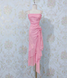 Niulatu Pink Spaghetti Strap Evening Dress 16th Birthday Dress Sheath Chiffon Ruffle Formal Dresses HZ1031