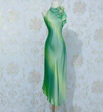 Niulatu Gradient Green Sheath Formal Dresses Vintage Elegant High Neck Satin Evening Dress Party Dress HZ1031