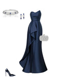 Niulatu Navy Blue Mermaid Evening Gowns Strapless Satin Graduation Prom Dress Elegant Formal Dresses HZ1031