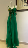 Niulatu Green Sheath Formal Dress Beaded Applique Tulle Long Prom Dresses Classy Pleated Evening Dress HZ1031
