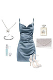 Niulatu Gray Blue Spaghetti Strap Sheath Short Homecoming Outfit Fashion Satin Birthday Dress Middle School Hoco Dresses HZ1031