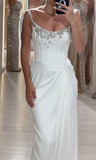 Niulatu White Sheath Long Prom Dresses Elegant Satin Formal Dress Beaded Trailing Evening Dress HZ1031