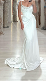 Niulatu White Sheath Long Prom Dresses Elegant Satin Formal Dress Beaded Trailing Evening Dress HZ1031