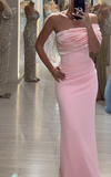 Niulatu Pink Sheath Long Prom Dresses Elegant Satin One Shoulder Evening Gowns HZ1031