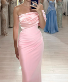 Niulatu Pink Sheath Long Prom Dresses Elegant Satin One Shoulder Evening Gowns HZ1031