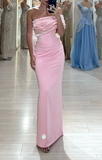 Niulatu Pink Sheath Long Prom Dresses Elegant Satin One Shoulder Evening Gowns HZ1031