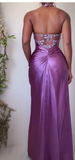 Niulatu Purple Sheath Long Prom Dresses Elegant Satin Halter Beaded Evening Gowns 22nd Birthday Dress HZ1031