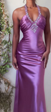 Niulatu Purple Sheath Long Prom Dresses Elegant Satin Halter Beaded Evening Gowns 22nd Birthday Dress HZ1031