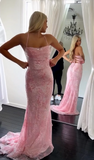 Niulatu Pink Mermaid Evening Gowns Spaghetti Strap Tulle Sequined Long Prom Dresses Stunning Beaded Birthday Dress HZ1031