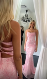 Niulatu Pink Mermaid Evening Gowns Spaghetti Strap Tulle Sequined Long Prom Dresses Stunning Beaded Birthday Dress HZ1031