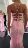 Niulatu Pink Mermaid Evening Gowns Spaghetti Strap Tulle Sequined Long Prom Dresses Stunning Beaded Birthday Dress HZ1031