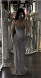 Niulatu Grey Sheath Evening Gowns Strapless Tulle Long Prom Dresses Sparkly Graduation Dress HZ1031
