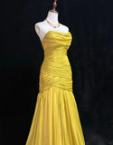 Niulatu Yellow Mermaid Evening Gowns Strapless Tulle Long Prom Dresses Vintage Formal Dresses HZ1031