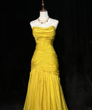 Niulatu Yellow Mermaid Evening Gowns Strapless Tulle Long Prom Dresses Vintage Formal Dresses HZ1031