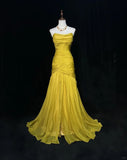 Niulatu Yellow Mermaid Evening Gowns Strapless Tulle Long Prom Dresses Vintage Formal Dresses HZ1031