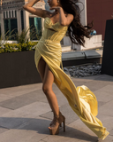 Niulatu Yellow Sheath Formal Dress Elegant Strapless Satin Evening Gowns Slit Graduation Prom Dresses HZ1031