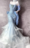 Niulatu Sweetheart Blue Sheath Formal Dress Elegant Tulle Applique Evening Gown Beaded Birthday Outfit HZ1031