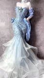 Niulatu Sweetheart Blue Sheath Formal Dress Elegant Tulle Applique Evening Gown Beaded Birthday Outfit HZ1031