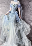 Niulatu Sweetheart Blue Sheath Formal Dress Elegant Tulle Applique Evening Gown Beaded Birthday Outfit HZ1031