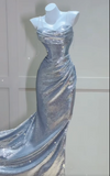 Niulatu Silver Sheath Formal Dress Elegant Sequin Spaghetti Strap Evening Gowns Birthday Dress HZ1031