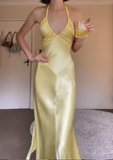 Niulatu Yellow Sheath Formal Dress Elegant Halter Satin Birthday Dress Backless Evening Dress HZ1031